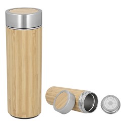 TERMO PANDA DE DOBLE PARED DE ACERO CON EXTERIOR DE BAMBÚ CON COLADOR