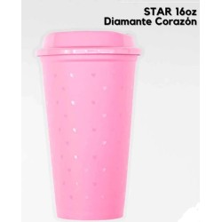 VASO STAR DIAMANTE CORAZON COLOR ROSA 16 ONZ