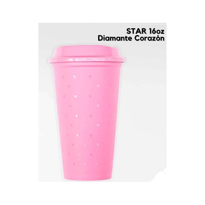 VASO STAR DIAMANTE CORAZON COLOR ROSA 16 ONZ