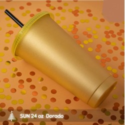 VASO SUN 24 ONZ DORADO NAVIDEÑO CON POPOTE