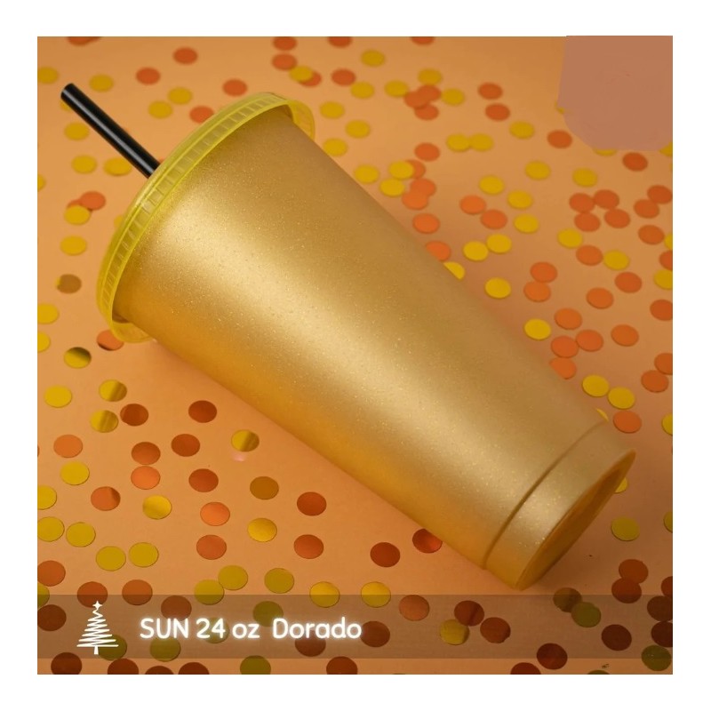 VASO SUN 24 ONZ DORADO NAVIDEÑO CON POPOTE